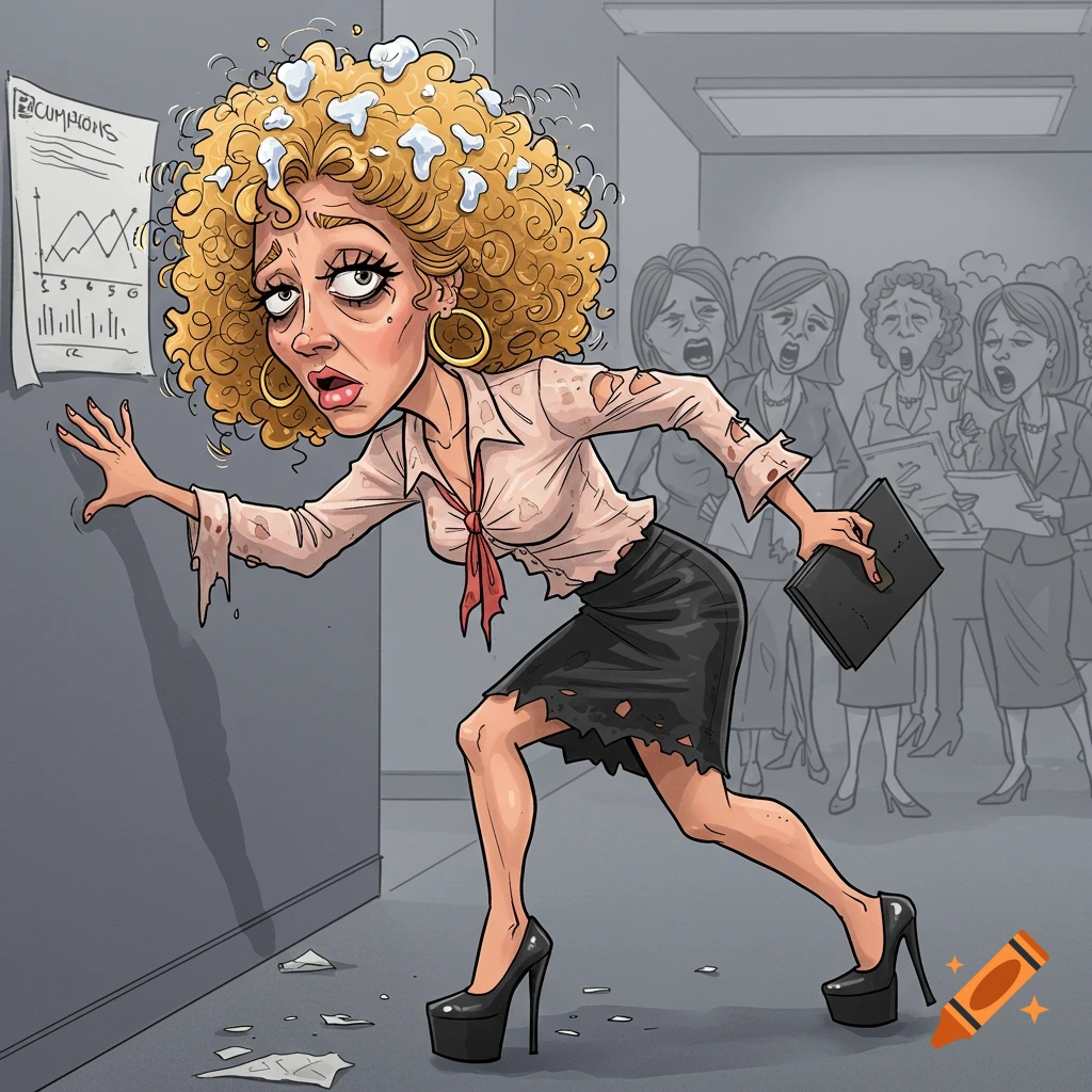 Cartoon caricature of an exhausted business woman with torn clothes leaning against a wall in an office.