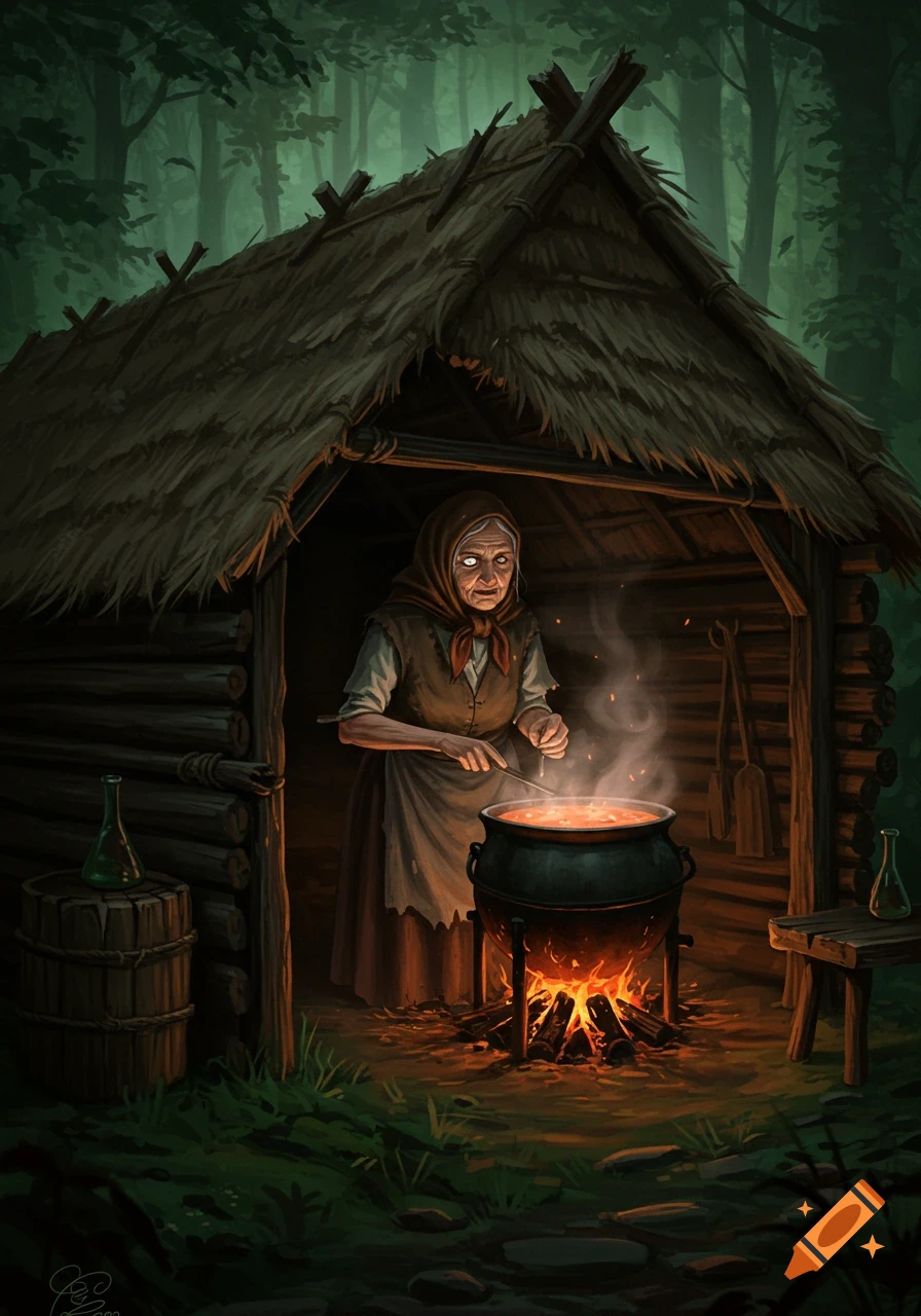 An old woman with a milky eye stirs a bubbling cauldron over a fire inside a rustic, thatched hut in a dark forest. Fantasy art.