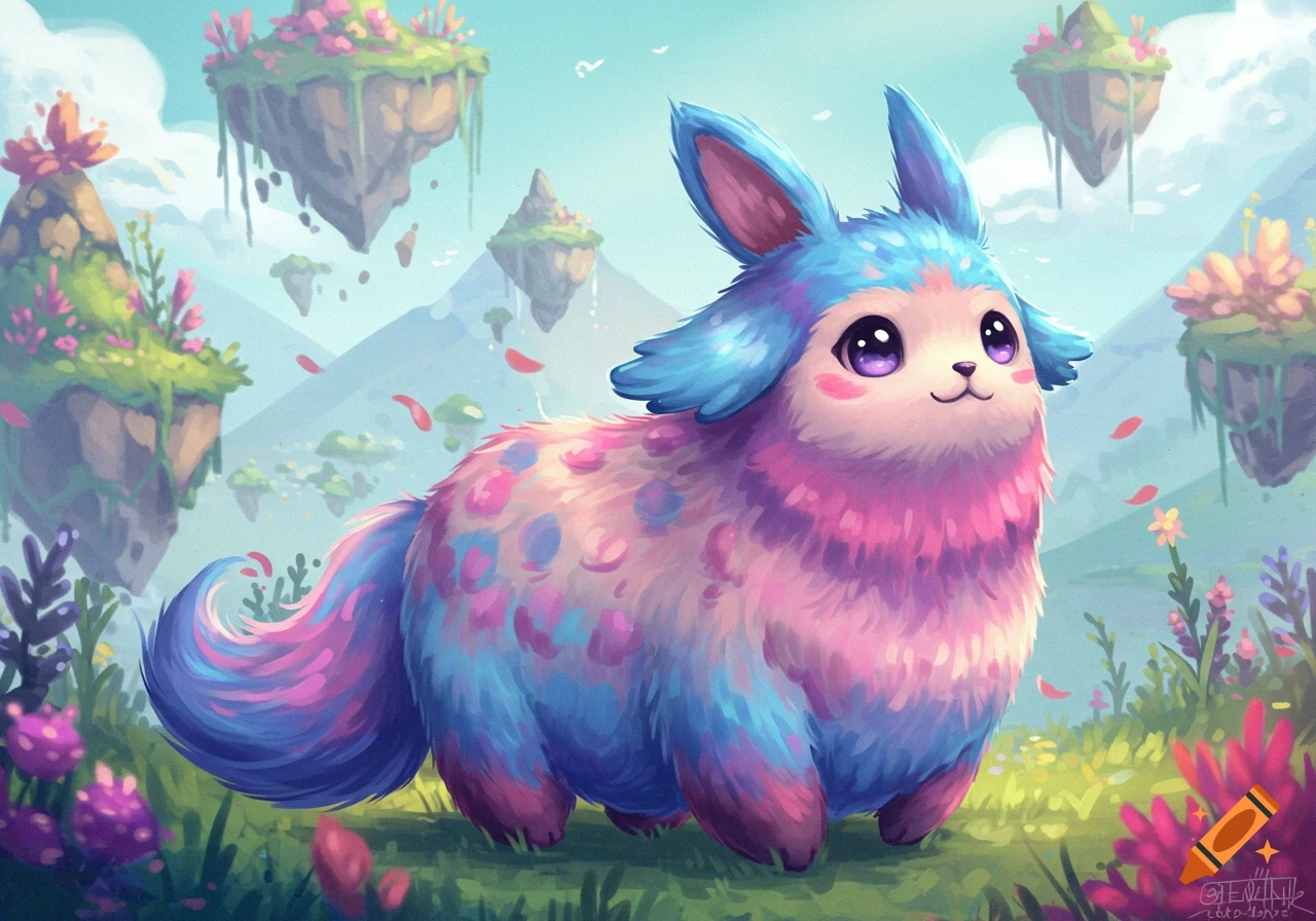 A fluffy, colorful creature with pink, blue, and purple fur stands in a whimsical fantasy landscape with floating islands.