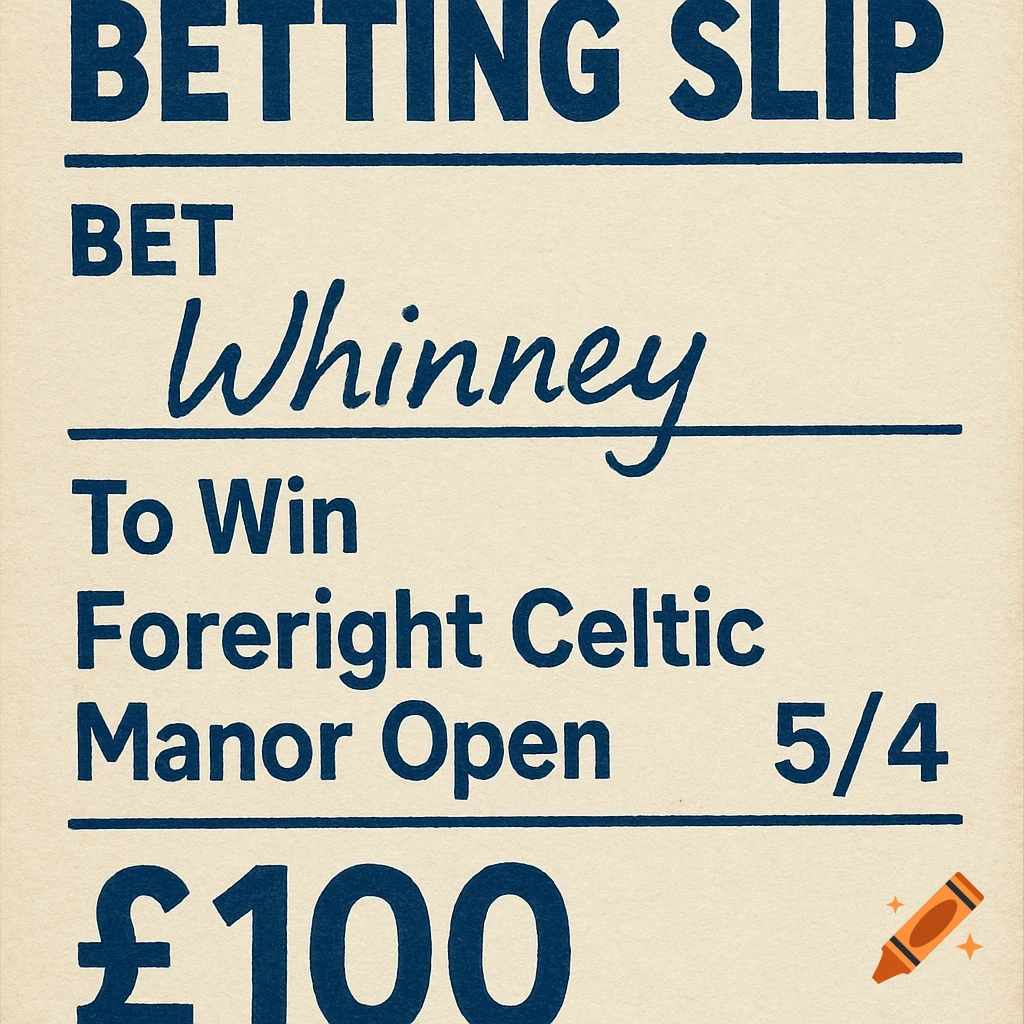 A vintage betting slip for a £100 wager on 'Whinney' to win the 'Foreright Celtic Manor Open' at 5/4 odds.