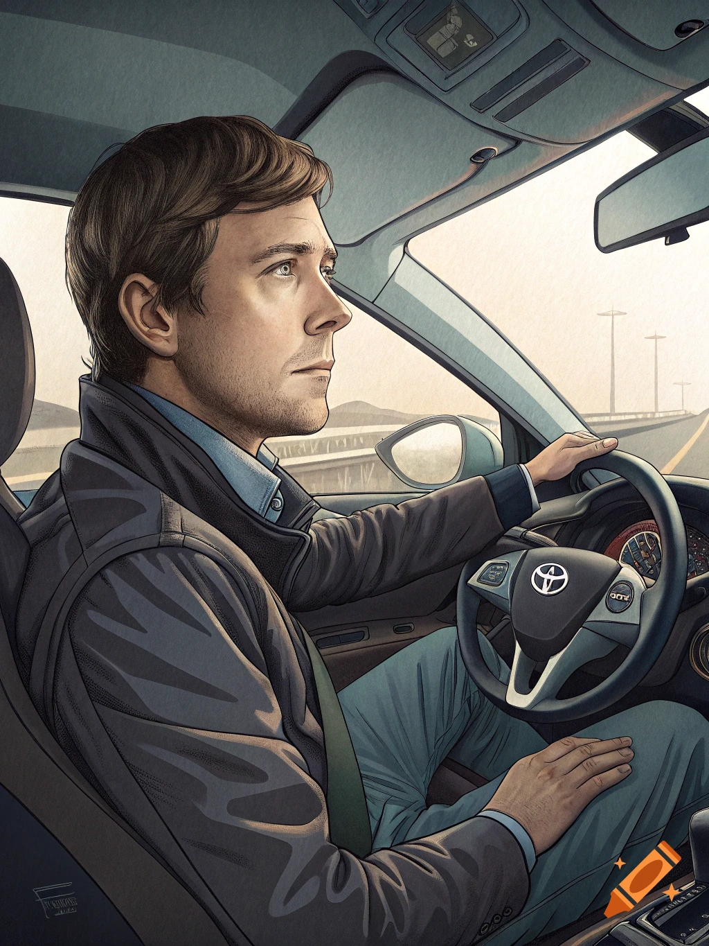 A man in a coat drives a car down a road in an illustrative style.