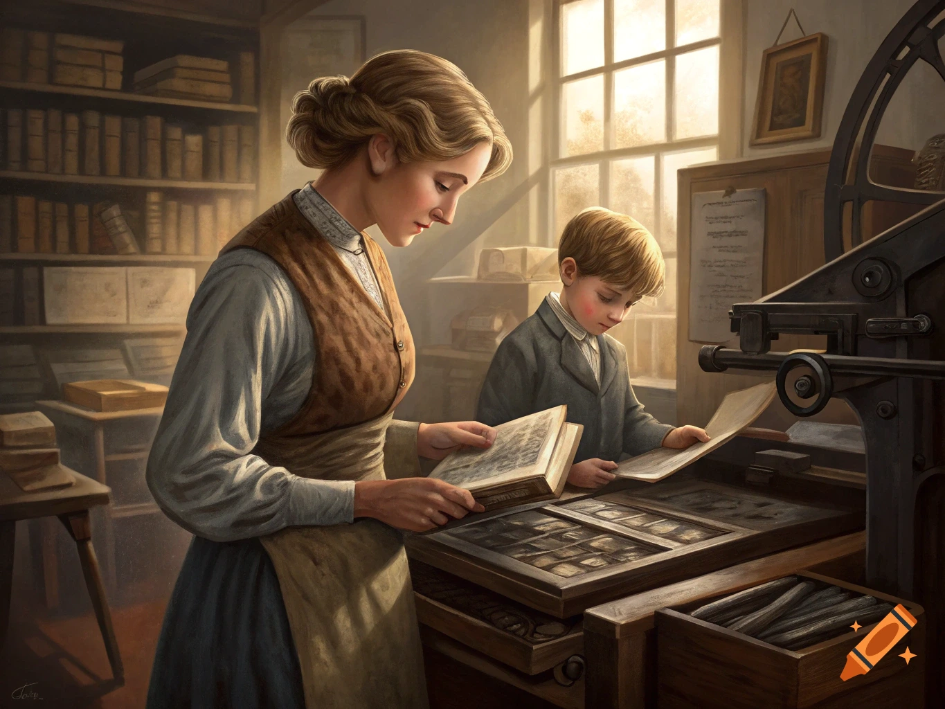 A woman and a young boy read in a warmly lit historical printing press room.