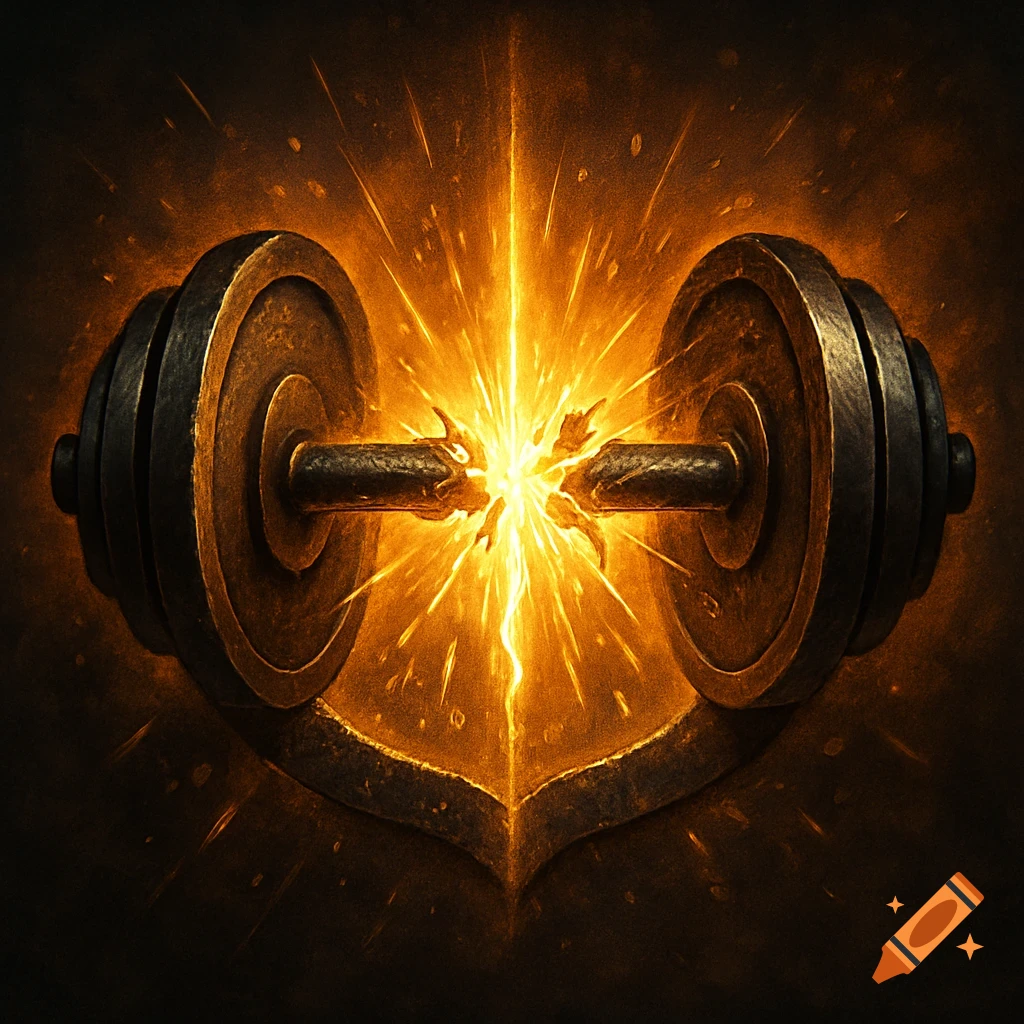 A stylized image of a barbell breaking, with a bright golden explosion of light bursting from its center against a dark background.