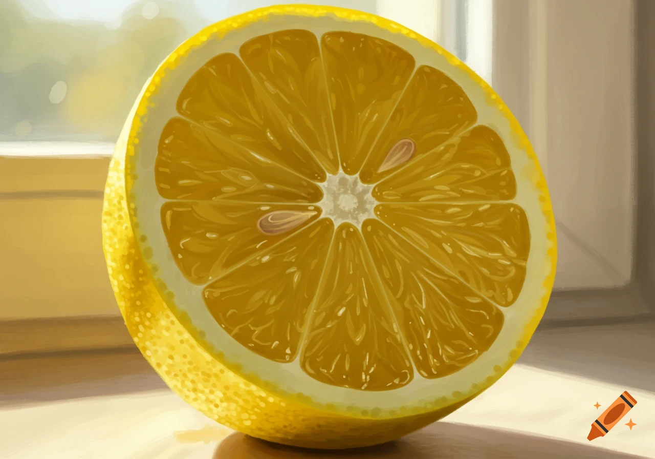 A close-up, brightly lit image of a yellow lemon half, revealing its juicy pulp and seeds.