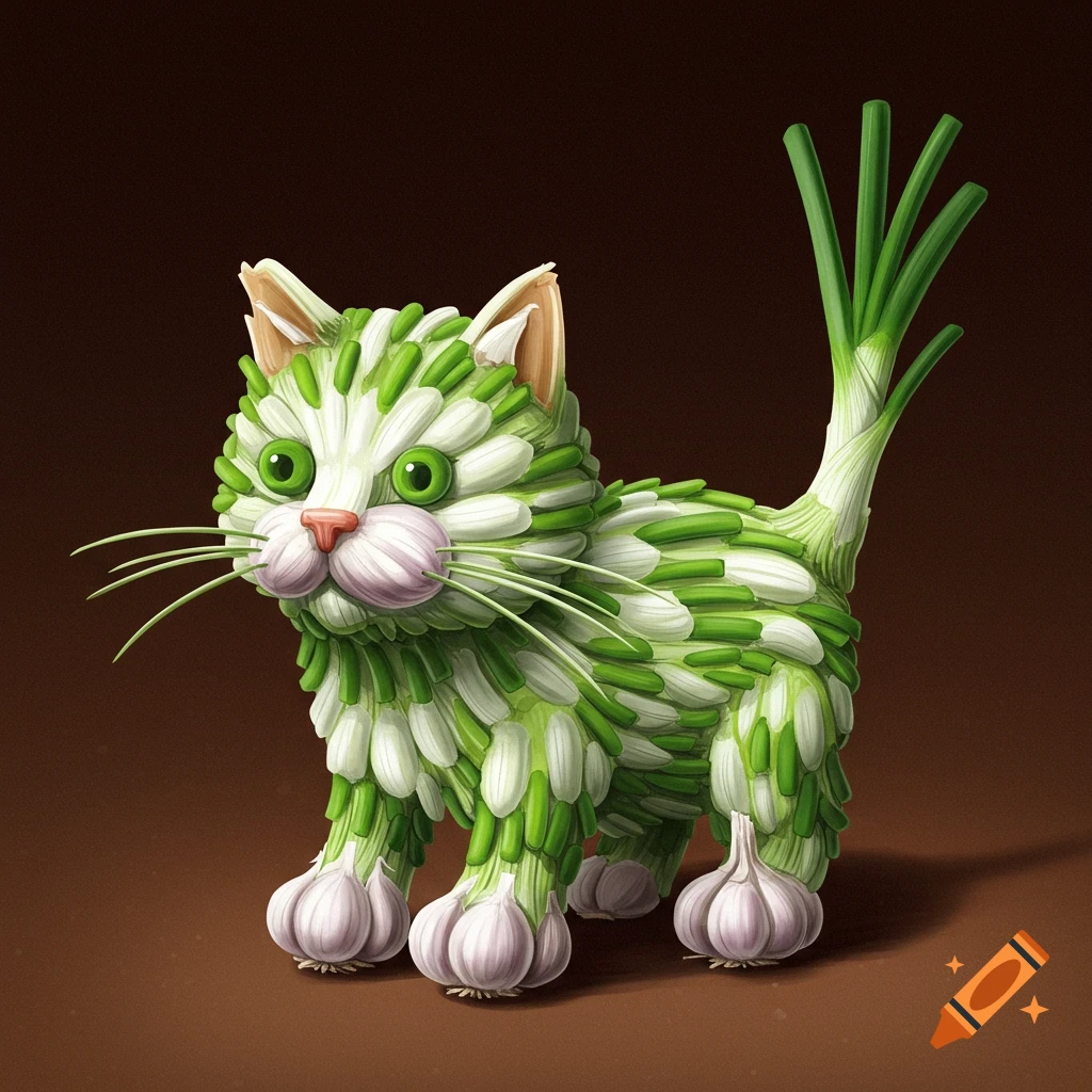 A detailed sculpture of a cat made from green onions and garlic against a dark brown background.