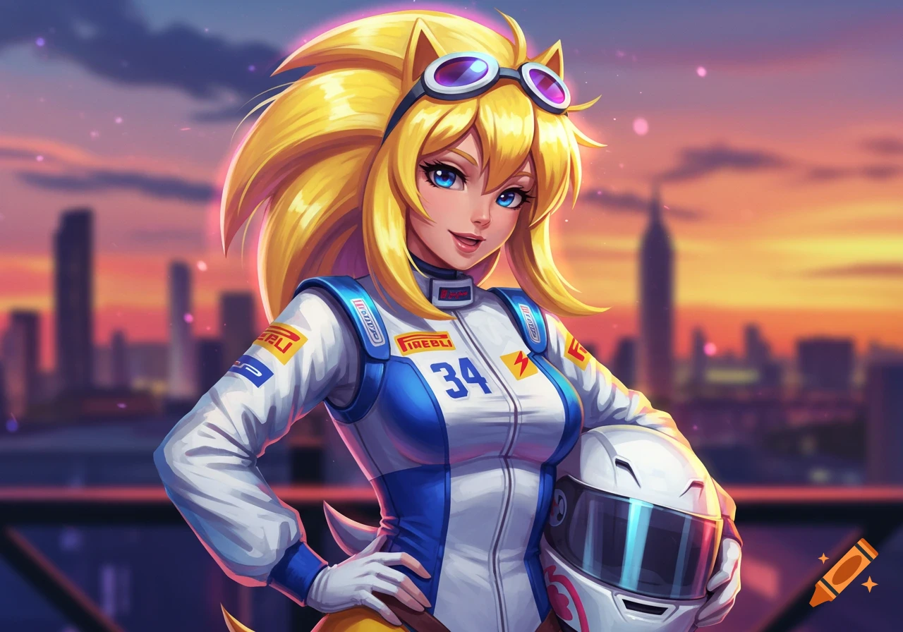 An anime girl with blonde spiky hair and goggles wears a white and blue racing suit, holding a helmet, against a sunset cityscape.