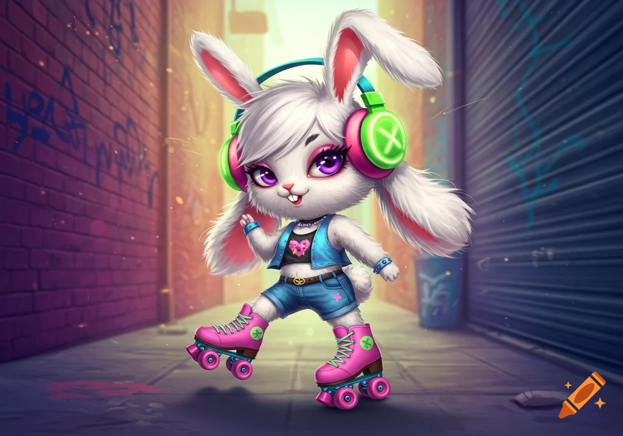 A cute, stylized white rabbit with purple eyes, wearing a crop top, denim shorts, pink roller skates, and green headphones, in an urban alley.