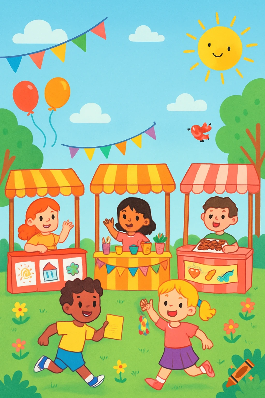 A vibrant, playful illustration of children at an outdoor entrepreneurship fair in a park, with market stalls, balloons, and flags.