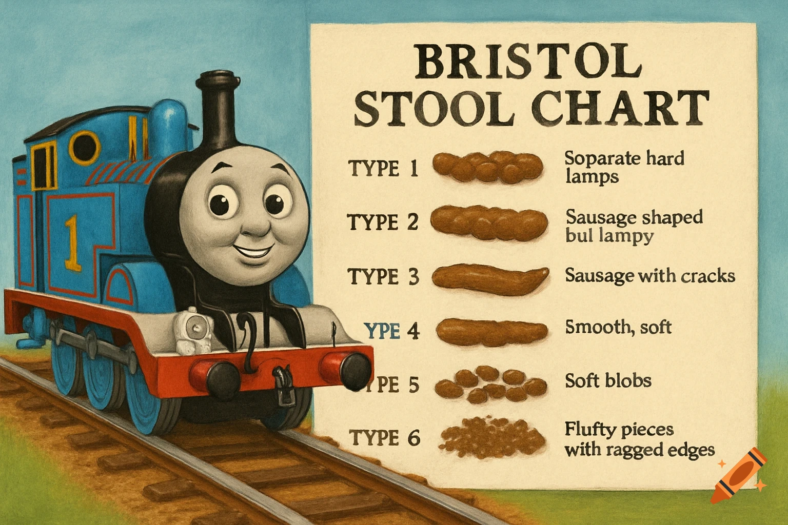 An illustration of Thomas the Tank Engine standing next to a Bristol Stool Chart displaying different types of feces.