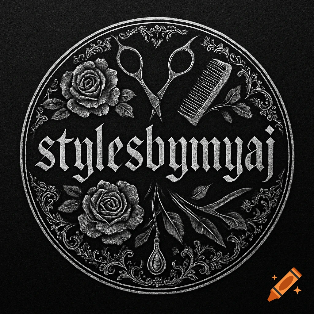 A circular gothic-style logo in black and silver featuring text 'stylesbymyaj' surrounded by roses, scissors, a comb, and ornate filigree.