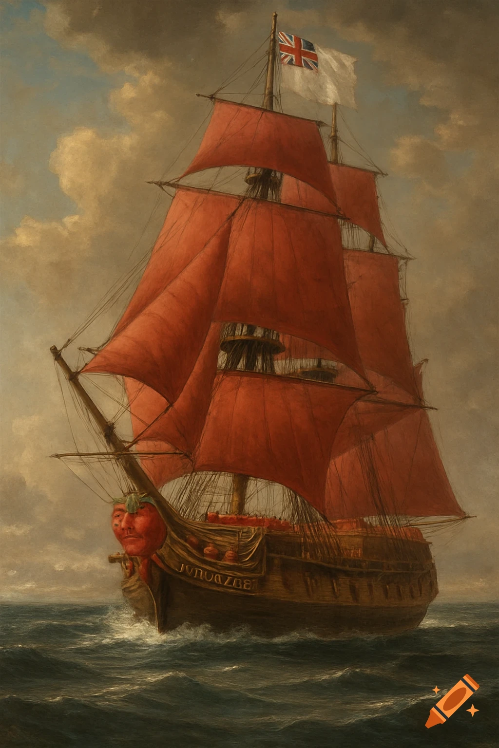 A painted 18th-century British warship with red sails and a tomato figurehead sails on a choppy sea under dramatic skies.