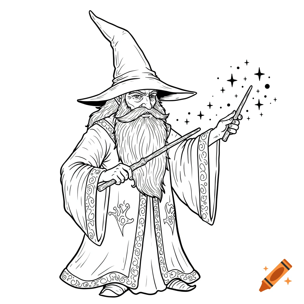 Black line art drawing of a classic wizard with a tall hat and long beard, pointing a wand with sparkling magical energy.