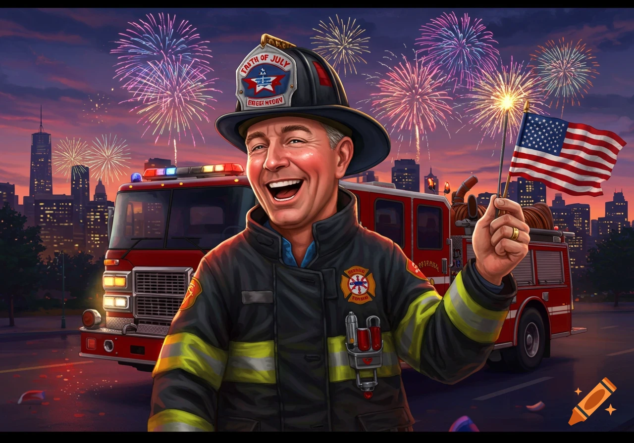 A smiling firefighter in uniform stands in front of a fire truck with fireworks in the sky, holding a small American flag.
