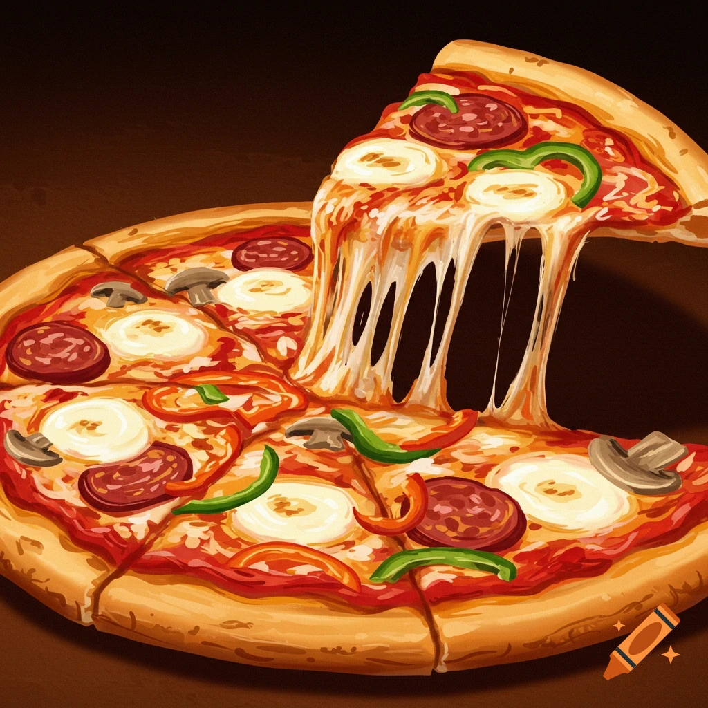 A close-up digital painting of a pepperoni and mushroom pizza with cheese stretching as a slice is lifted.
