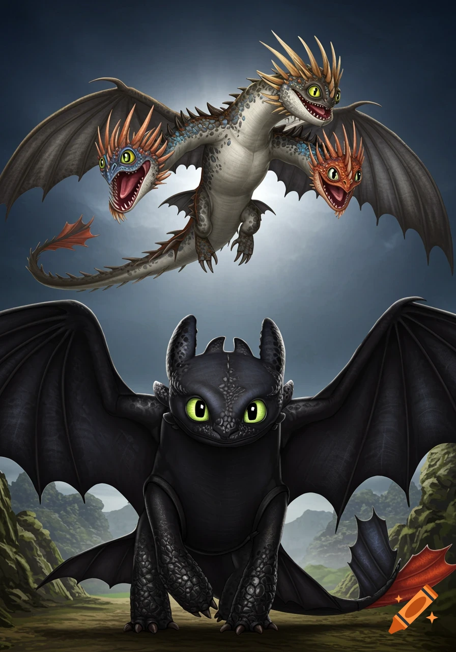A black Toothless dragon sits below a three-headed dragon flying in a cloudy sky with mountains in the background, in a stylized illustration.