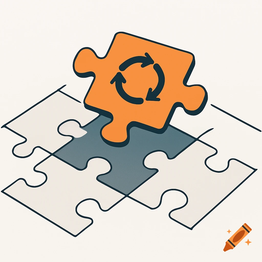 Minimalistic vector illustration of an orange puzzle piece with a cycle icon being placed into a larger puzzle made of gray and white pieces.