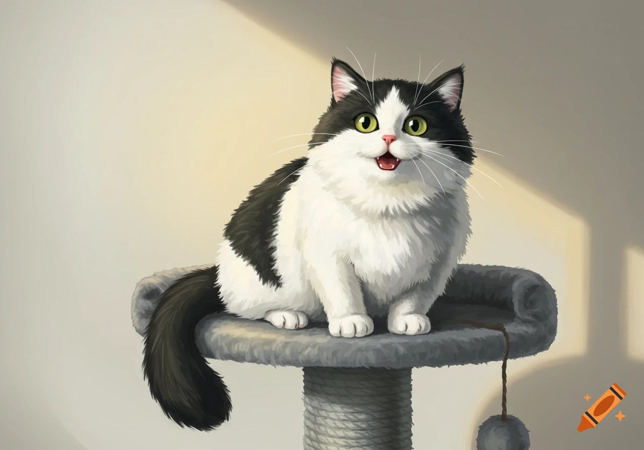 A fluffy black and white tuxedo cat with green eyes sits on a grey cat scratch tower in a Studio Ghibli animated style.