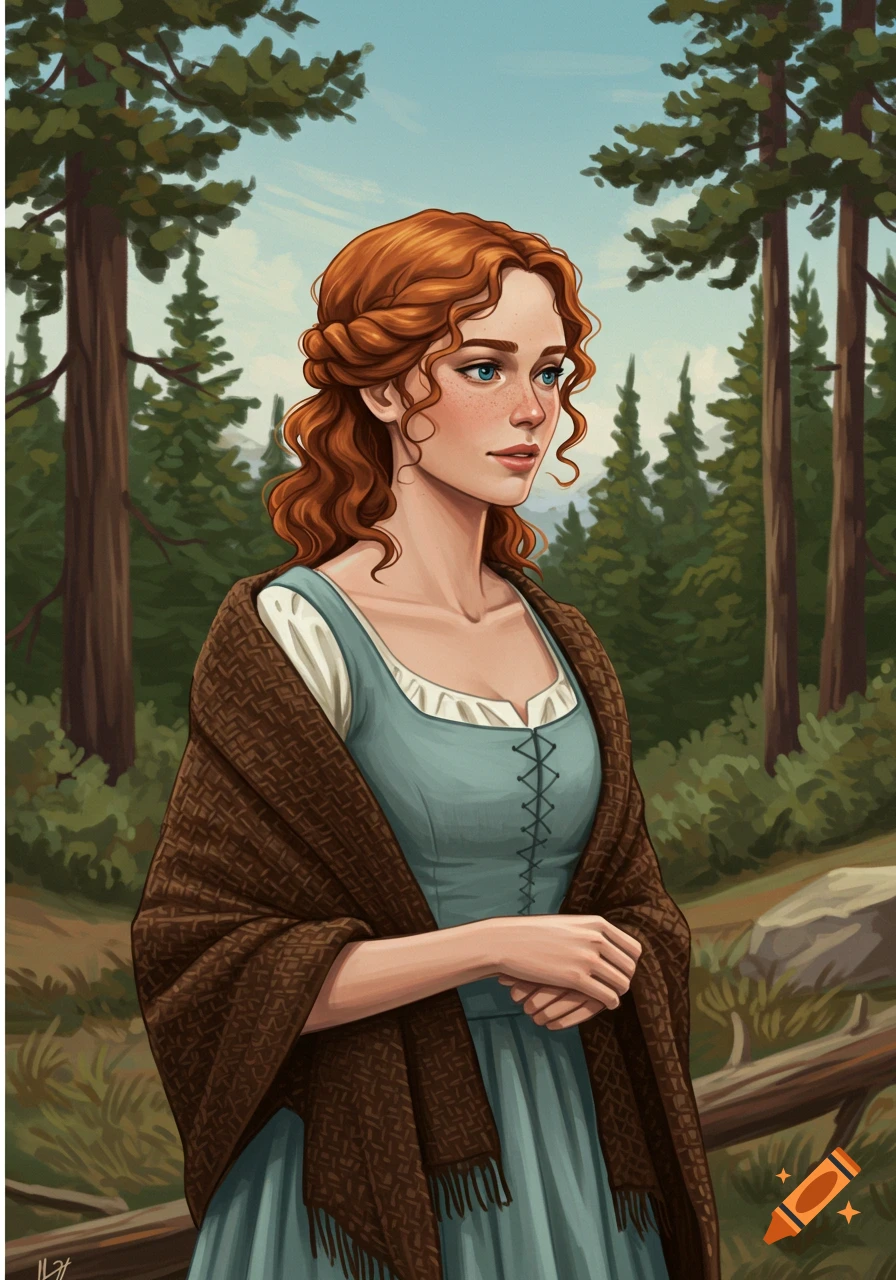An illustration of a young woman with long red curly hair, wearing a light blue dress and brown shawl, standing in a forest.
