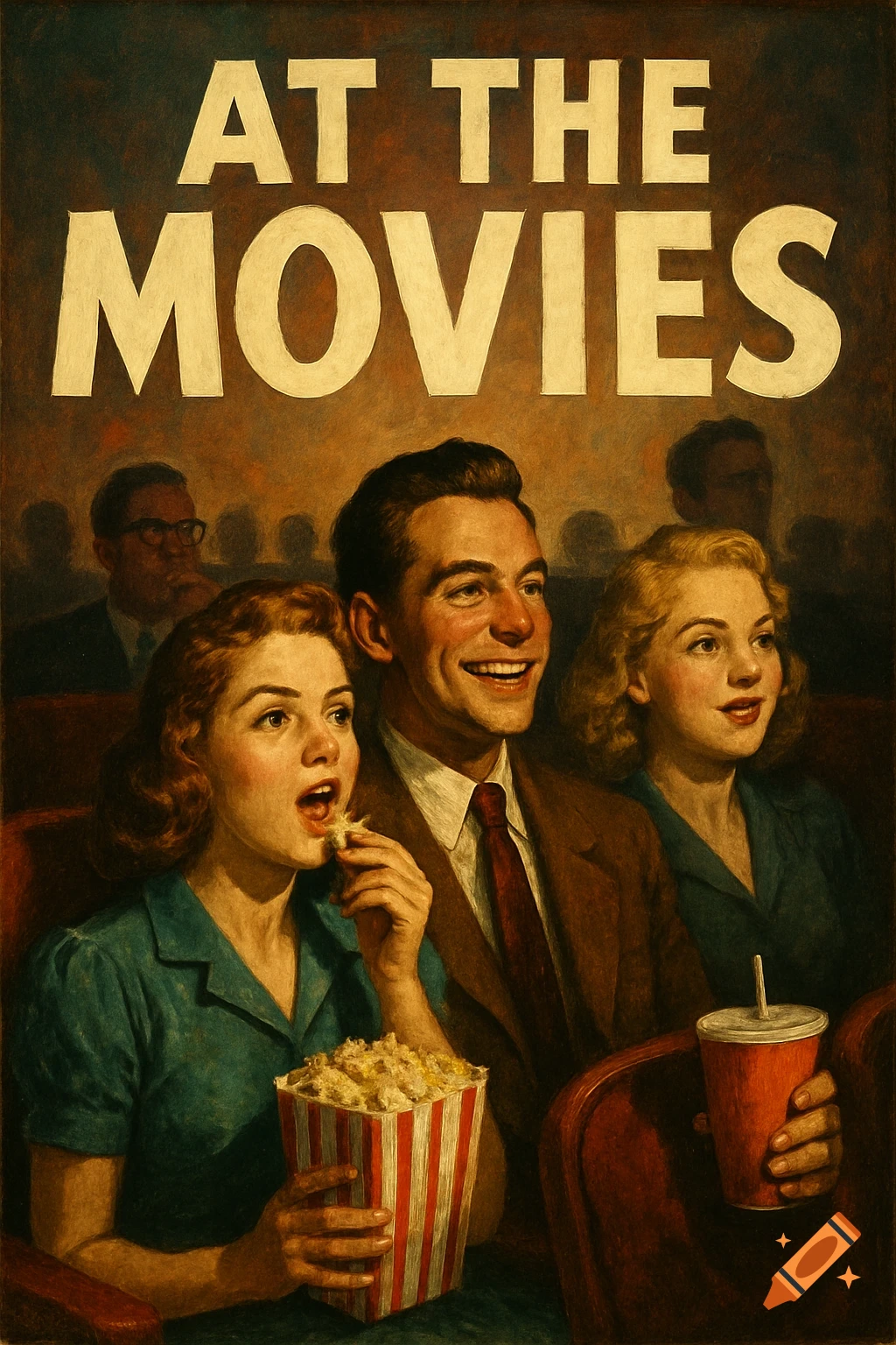 Vintage style movie poster depicting a man and two women watching a film in a dark cinema, with popcorn and a drink.