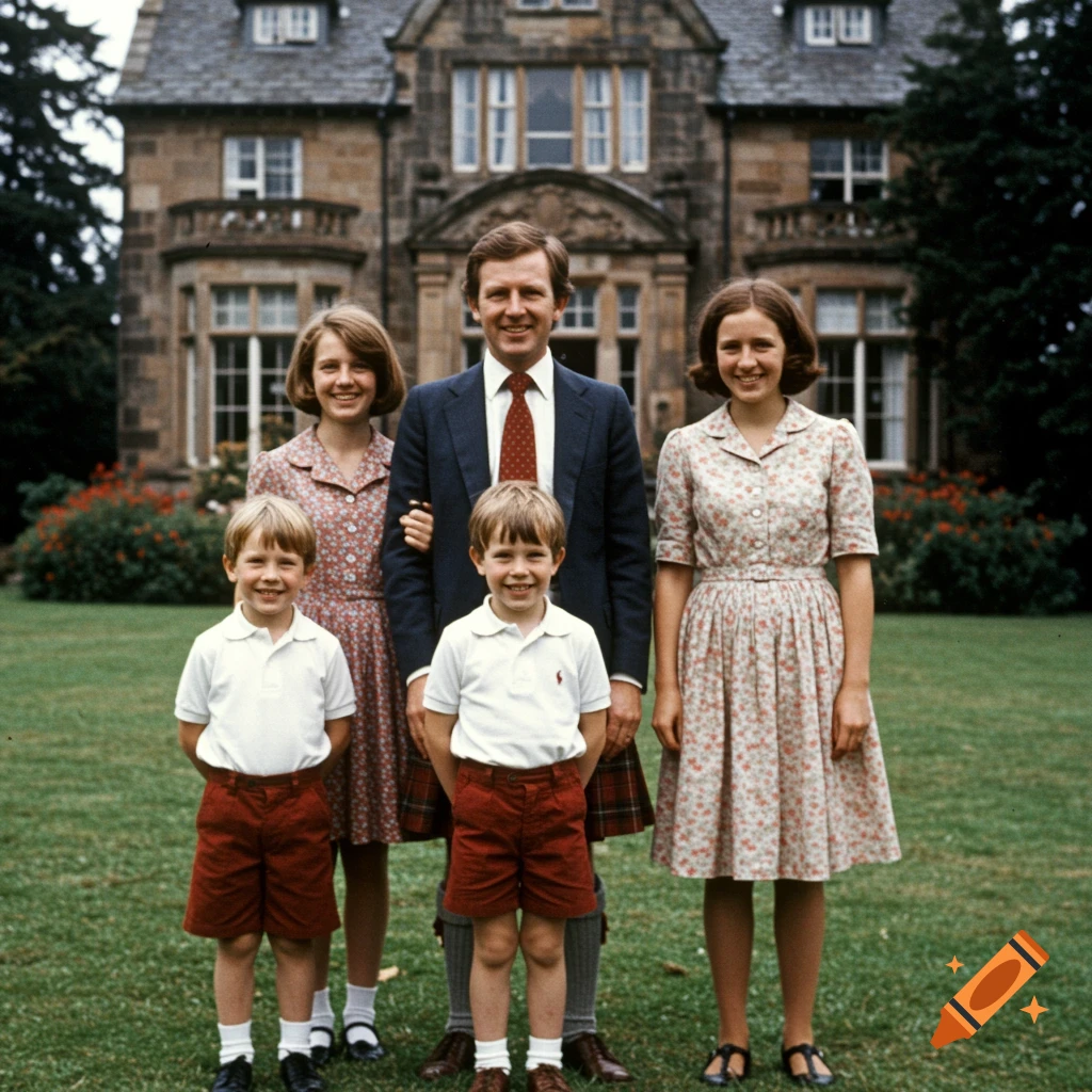 1970s photo of a smiling family (father, mother, two sons, one daughter) in a garden in front of a stone mansion.