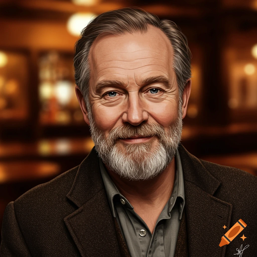 A detailed digital painting of an older man with a gray beard and brown jacket, smiling slightly in a blurred, warm-toned background.