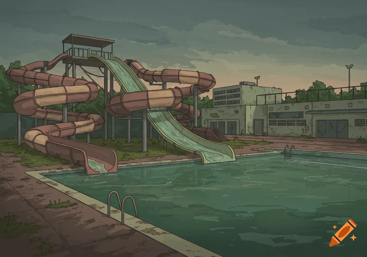 An eerie, abandoned waterpark with large slides, a dirty pool, and rundown buildings under a cloudy sky in a cartoon style.