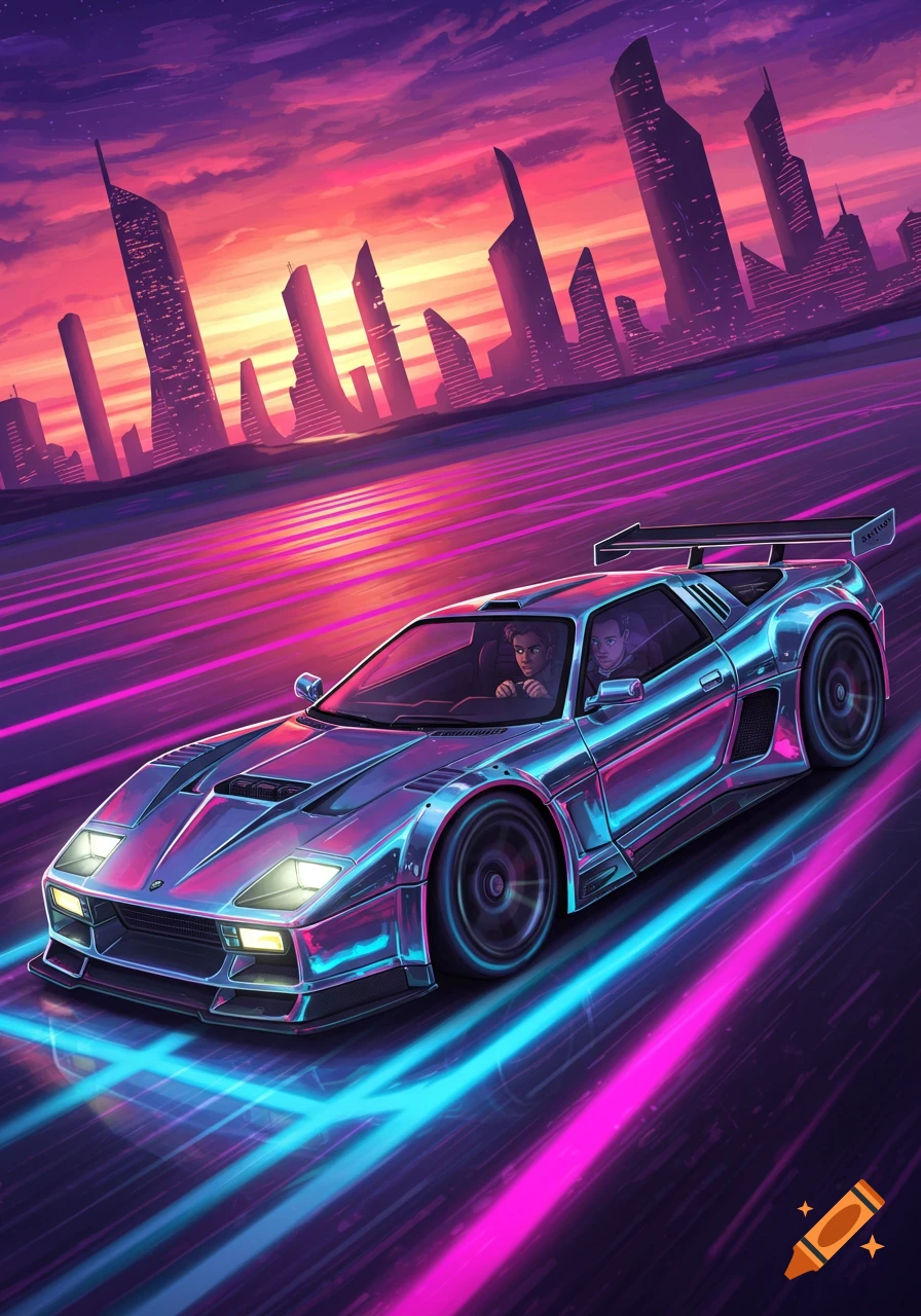 A synthwave-style illustration of a chrome car with two people driving on a neon-lit road through a futuristic city at sunset.
