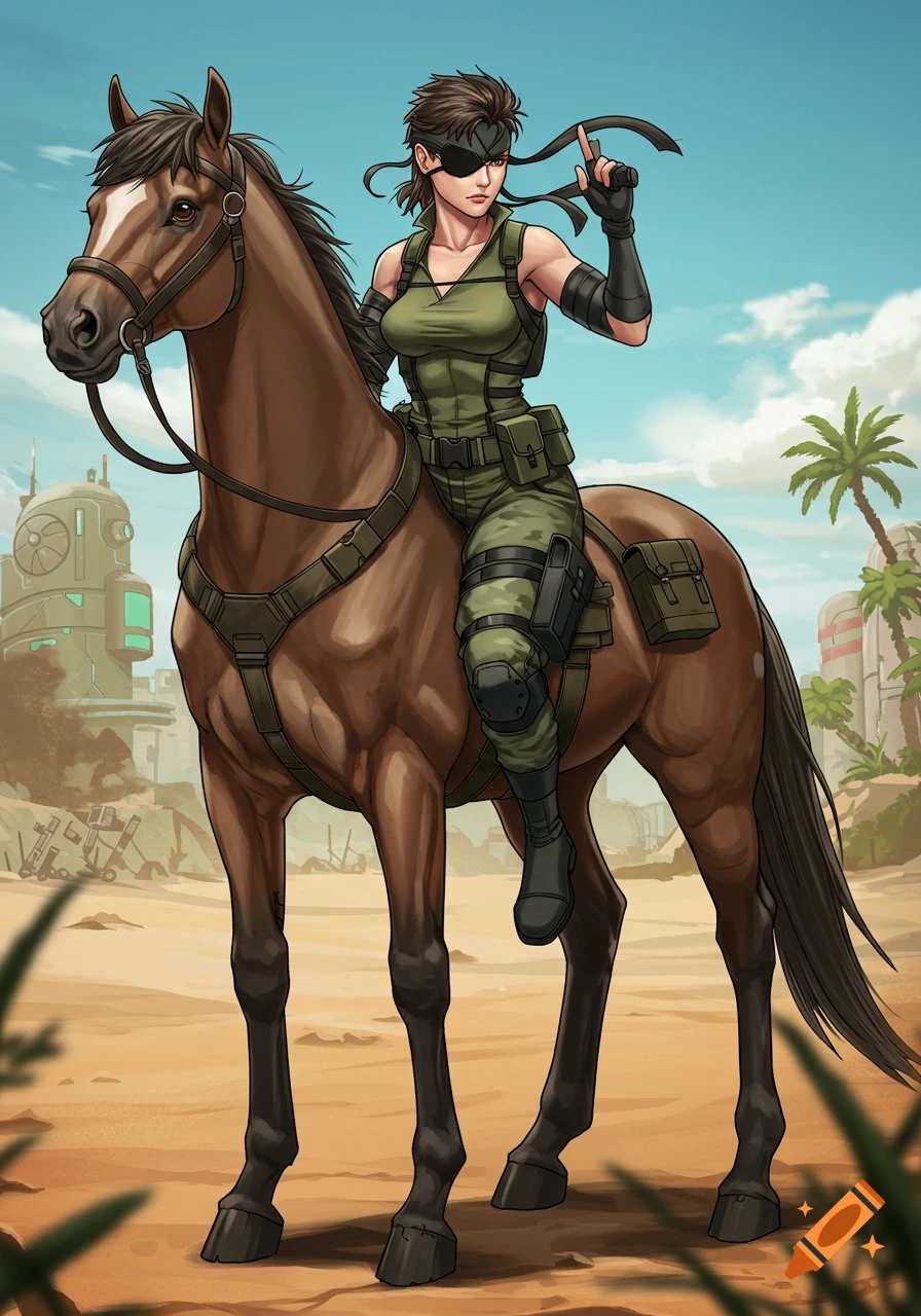 An anime-style female character resembling Solid Snake in military gear rides a brown horse through a desert landscape with futuristic structures.