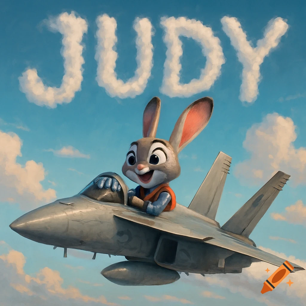 Cartoon Judy Hopps flying an F-18 jet in a blue sky with the name JUDY spelled out in clouds.