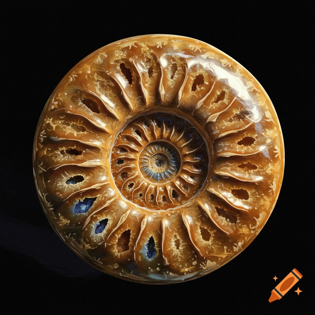 A close-up, top-down view of a round, polished ammonite fossil with intricate spiraling chambers on a black background.