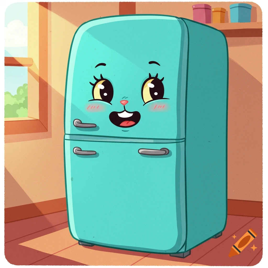 A cute, smiling cartoon teal refrigerator with cat eyes, a pink nose, and blush marks stands in a sunny room.