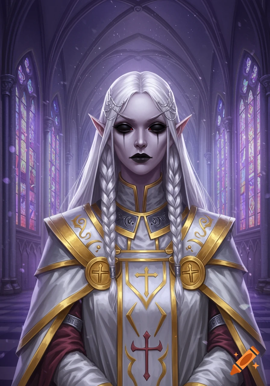 A pale elf woman with long white braided hair and black eyes, wearing white and gold priest robes, stands in a gothic cathedral with stained glass windows.