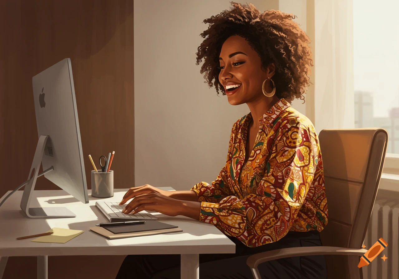 An African American woman with curly hair smiles while typing on a computer at a sunlit desk in an office.
