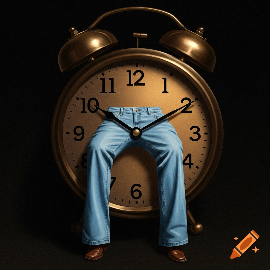 A golden alarm clock with light blue jeans as its hands, set against a dark background.