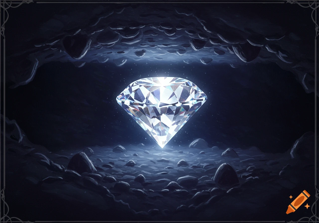 A brilliant, glowing diamond sits centrally in a dark, rocky cave, illuminated by its own light.