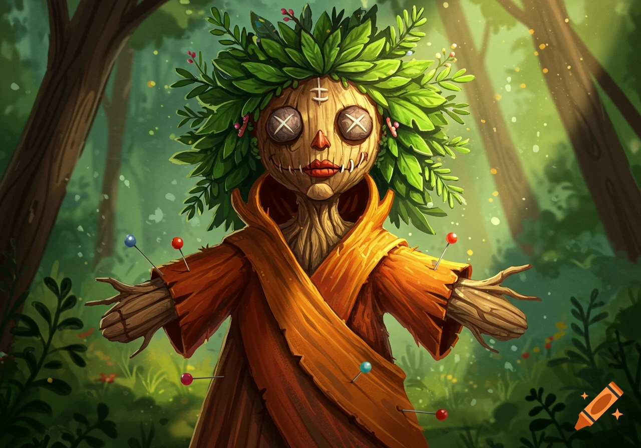 A stylized voodoo doll made of wood with leafy hair and an orange robe, adorned with pins, stands in a vibrant forest.