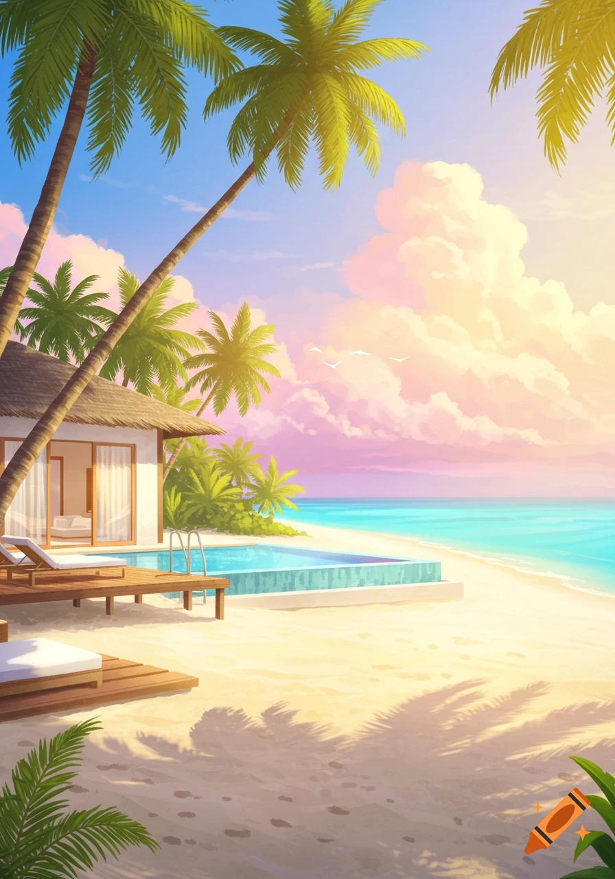 A vibrant tropical beach resort at sunset with palm trees, a bungalow, and a swimming pool by the turquoise ocean.