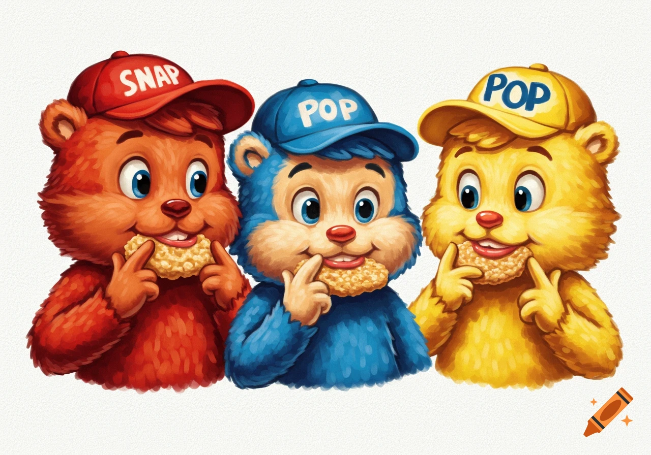 Three colorful cartoon bear mascots wearing hats, eating cereal. The hats say SNAP, POP, and POP.