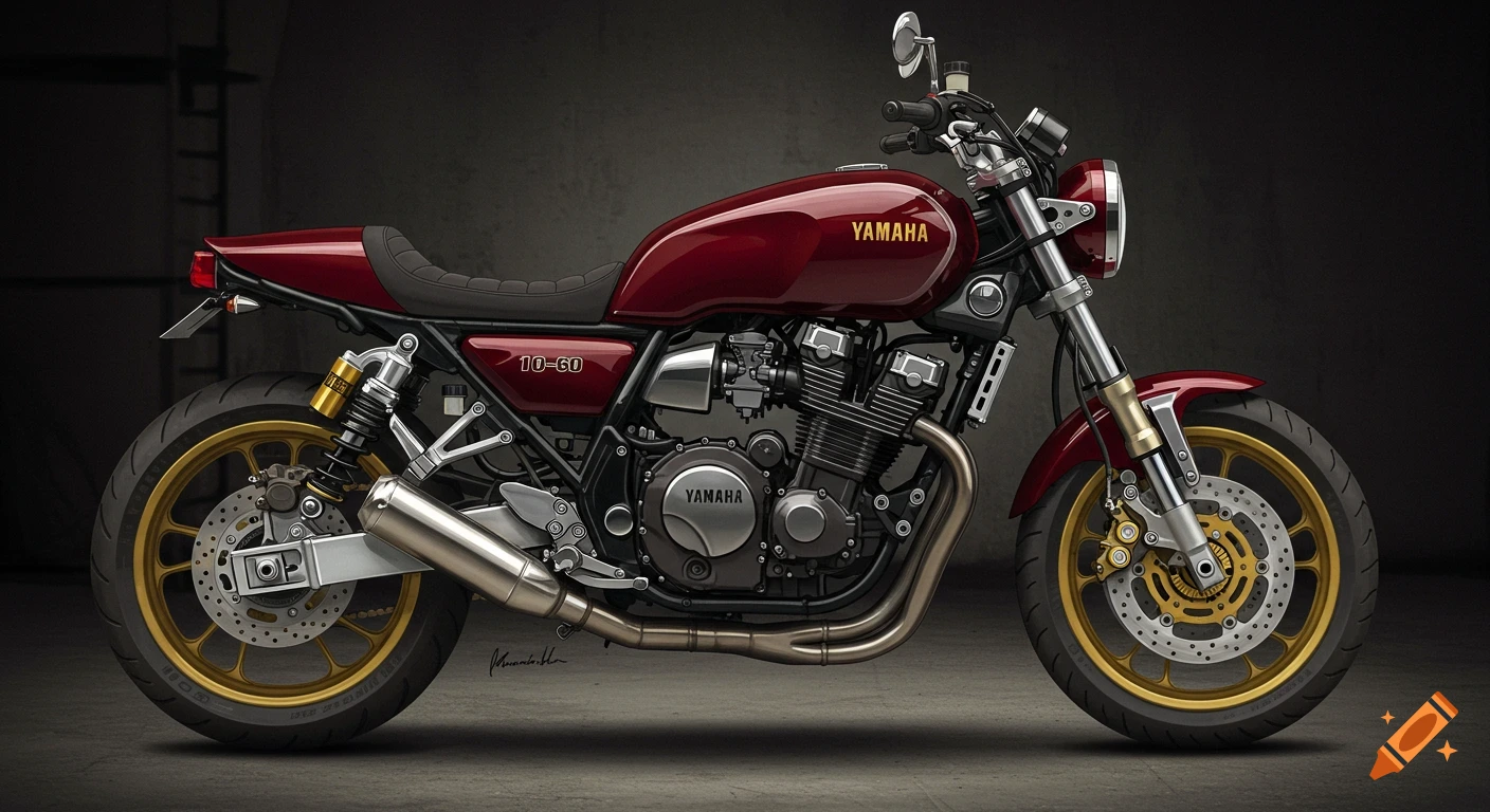 A side view of a dark red Yamaha cafe racer motorcycle with gold wheels on a dark background.