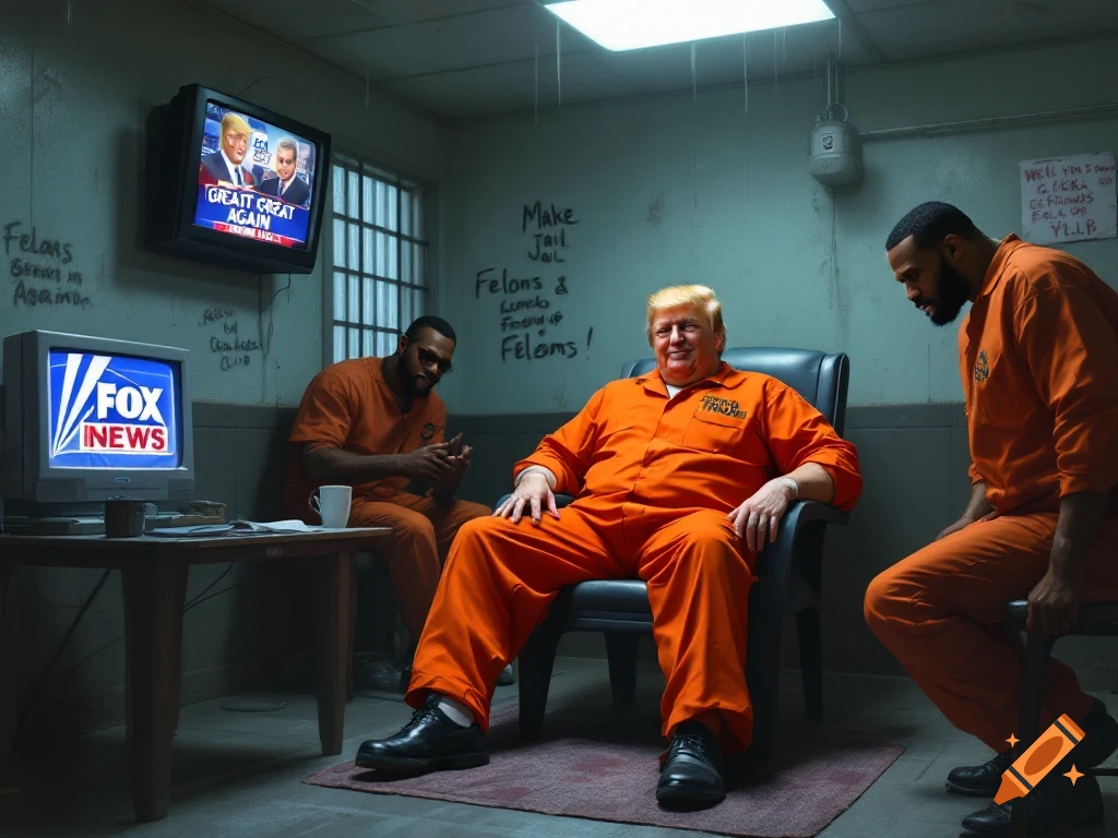 Donald Trump and two other men in orange prison jumpsuits in a detention center common room, watching Fox News on a CRT TV.