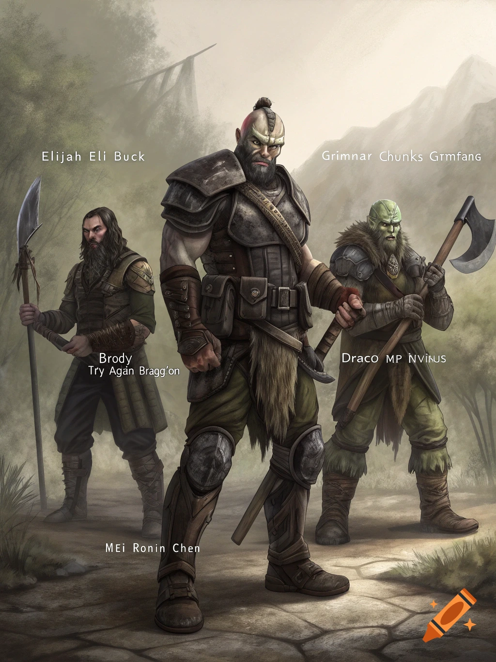 Three fantasy warriors, including a large orc and two humans, stand armed in a forest setting. The orc wears heavy armor and holds an axe, while the humans wield a polearm and are dressed in practical gear.