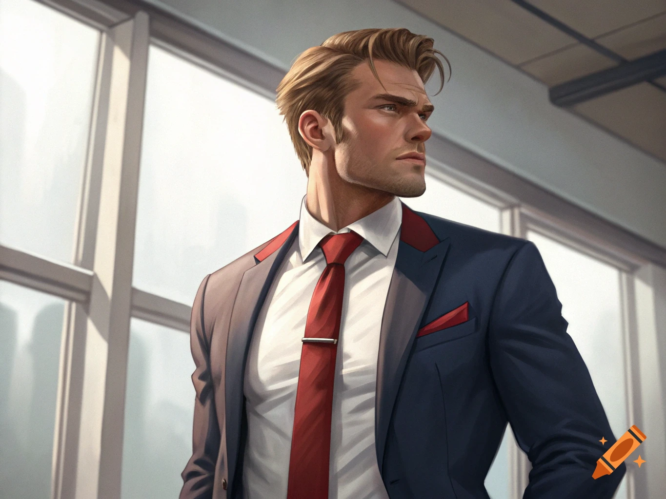 A serious-looking man with blond hair in a dark blue suit and red tie stands in front of a bright window.