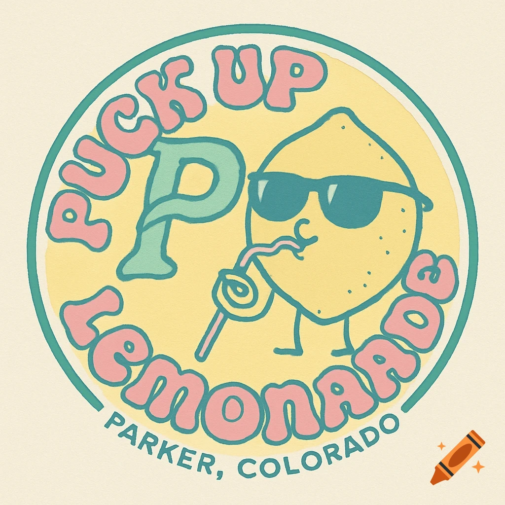 A retro-style circular logo for Puck Up Lemonade, featuring a cool lemon character with sunglasses sipping a straw, and text 'Puck Up Lemonade' and 'Parker, Colorado'.