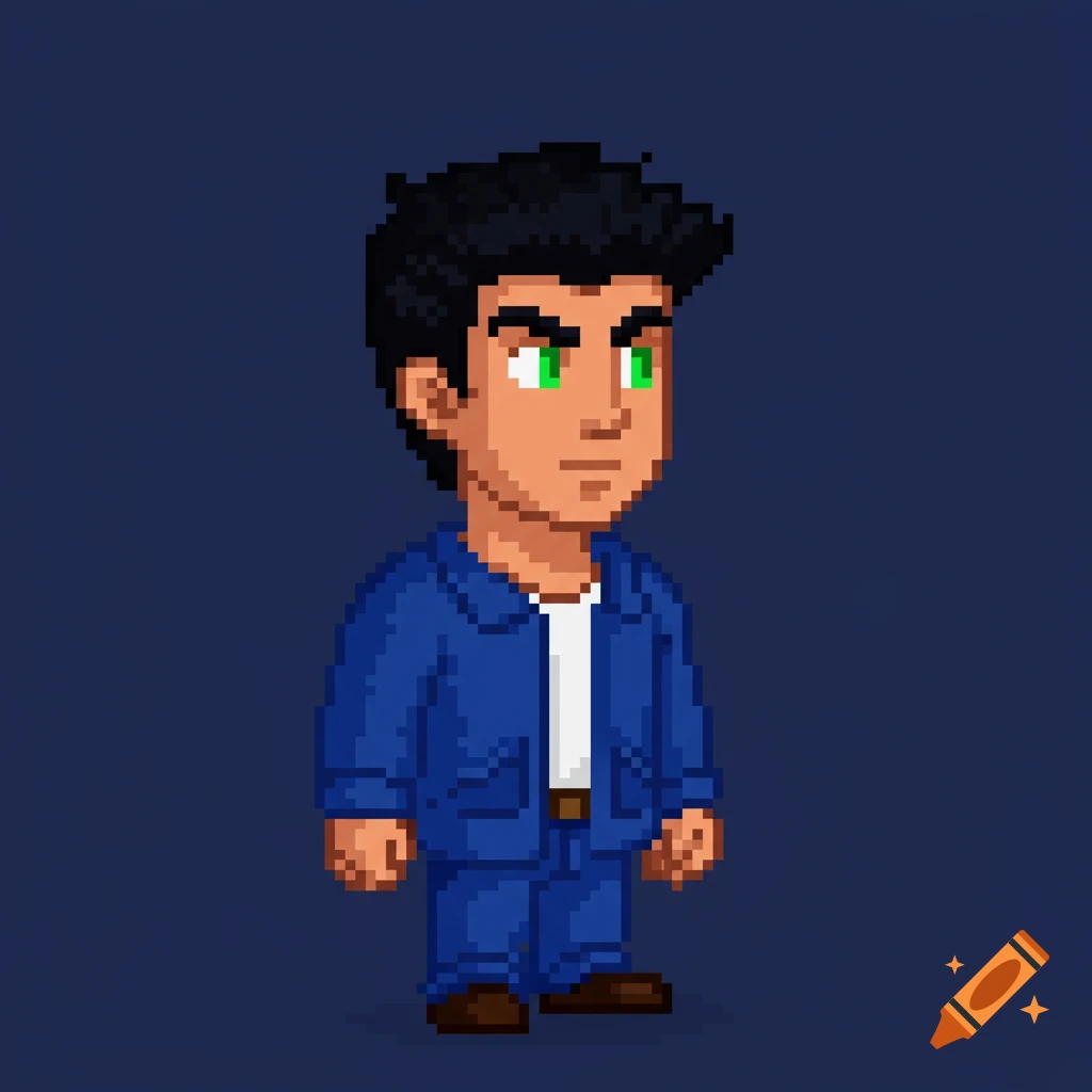 A pixelated male character with black hair, green eyes, and tan skin, wearing a blue outfit.