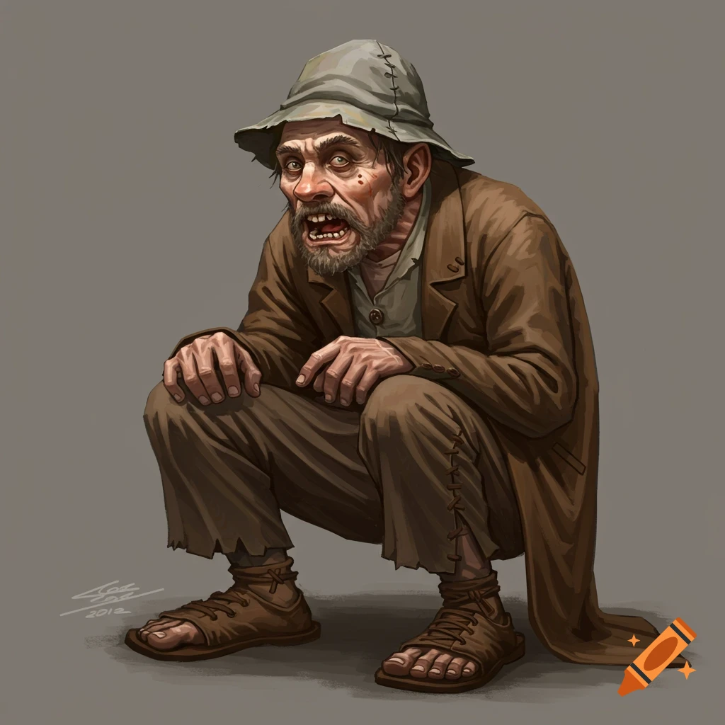 A crouched, disheveled man with a beard, torn clothes, and a floppy hat, in a character illustration style.