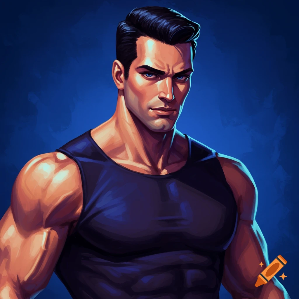 An illustration of a muscular man with black hair and blue eyes wearing a dark tank top against a blue background.