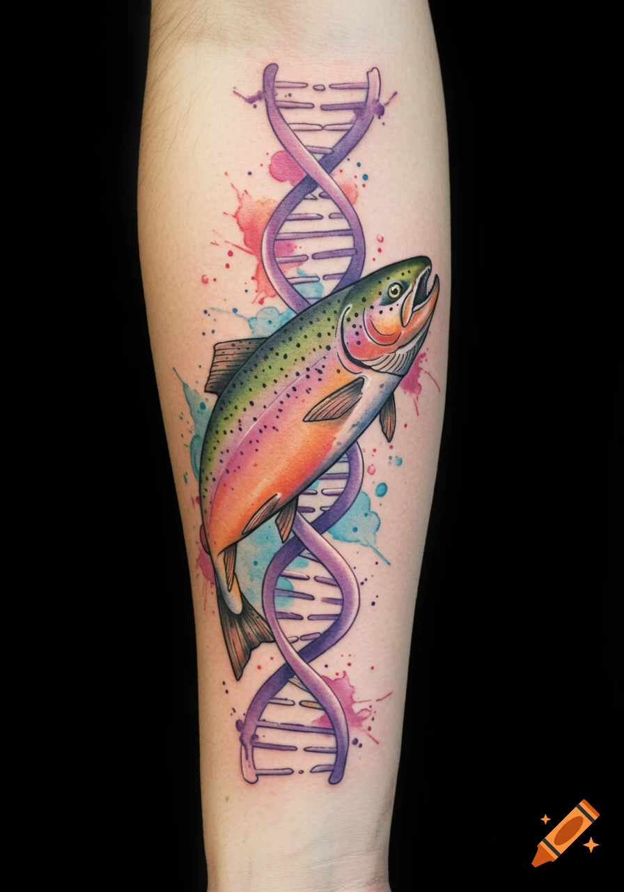 Watercolor style tattoo on a forearm featuring a vibrant salmon and a purple DNA double helix.