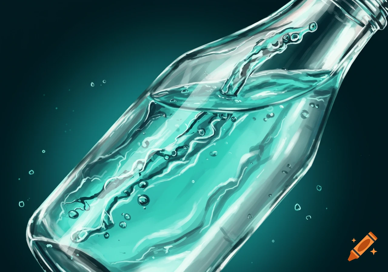 Illustrative close-up of clear blue-green water pouring into a transparent glass bottle against a dark background.