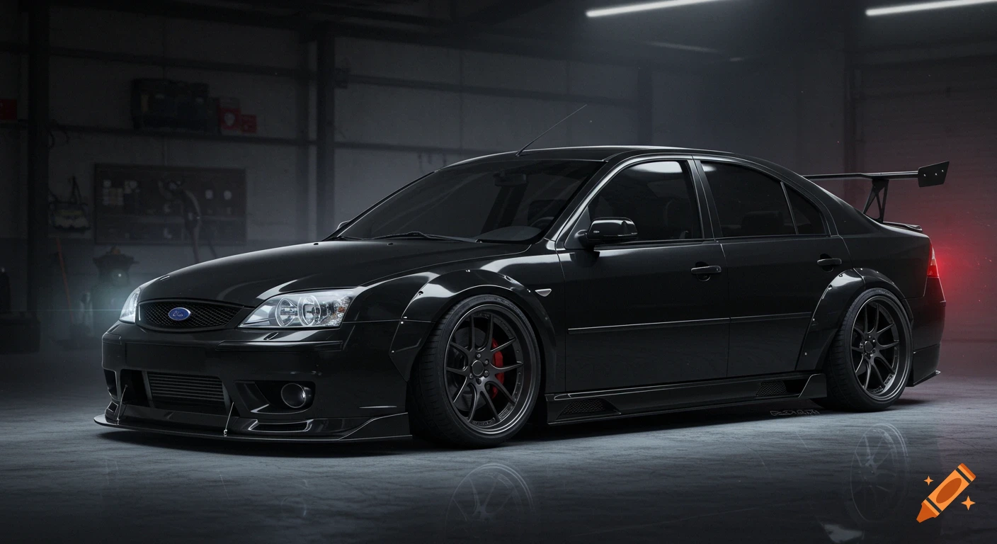 A custom wide-body black Ford Mondeo sedan with a spoiler and red brake calipers, parked in a dimly lit garage.