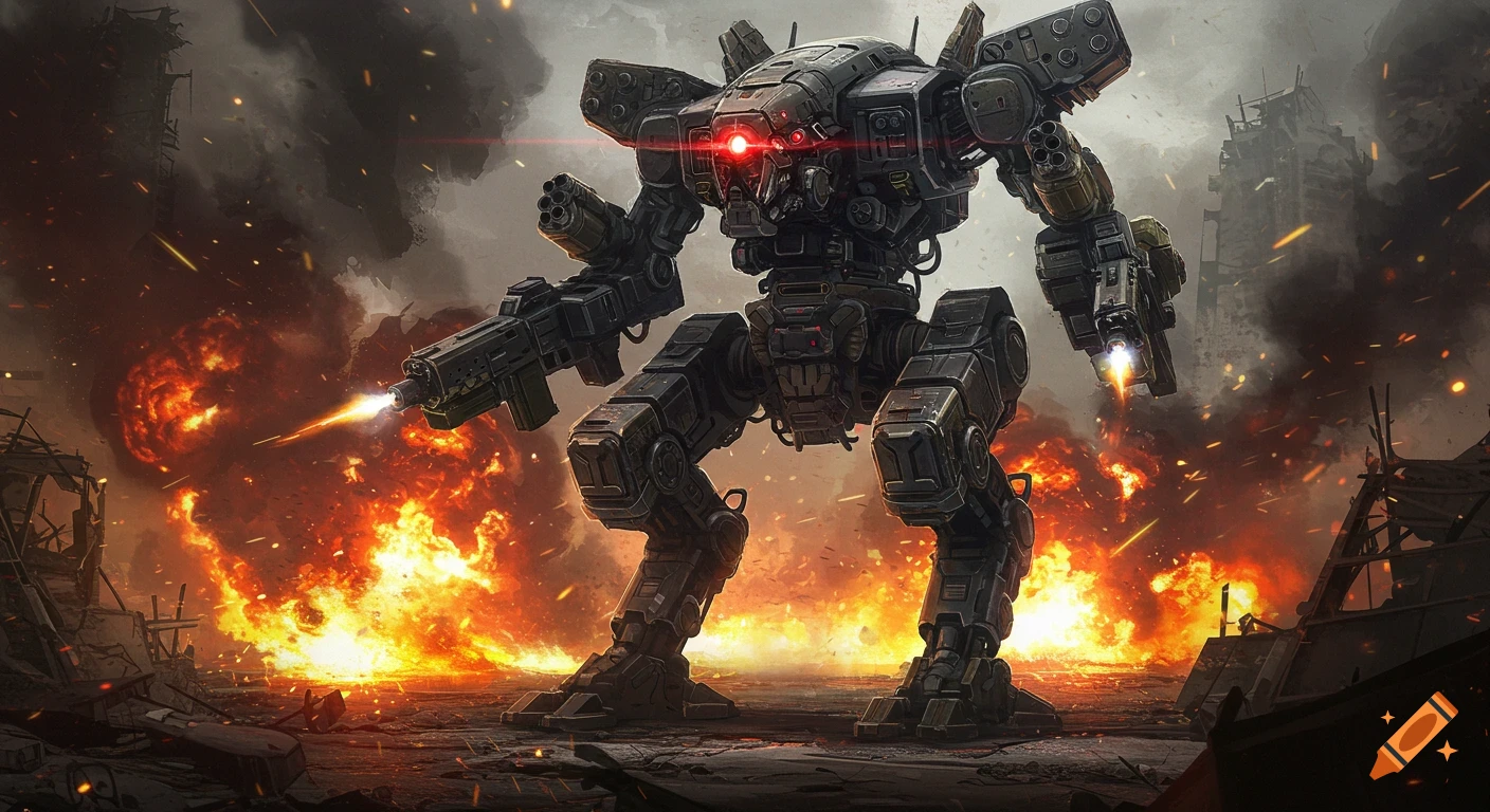 A massive, heavily armored combat robot with glowing red eyes stands amidst explosions and destruction in a ruined city.